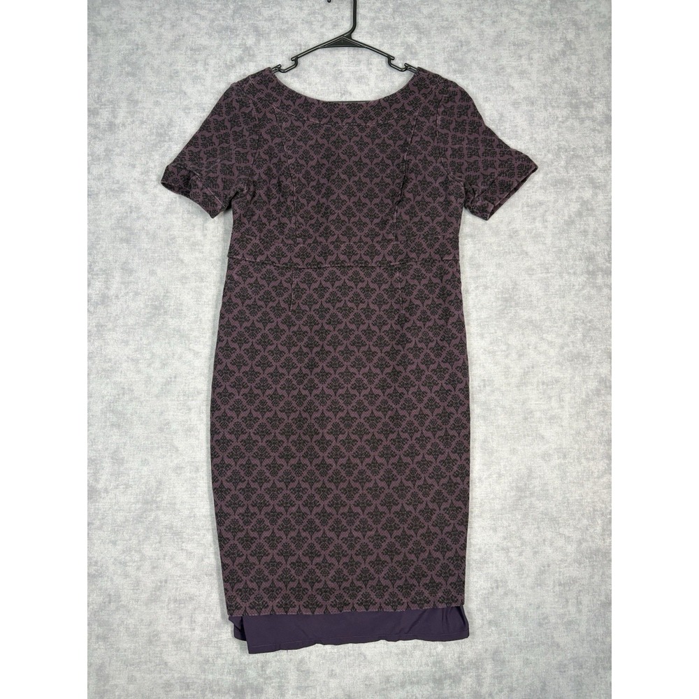 Boden Talia Textured Dress Women 12R Purple Black Jacquard Sheath Cotton Blend